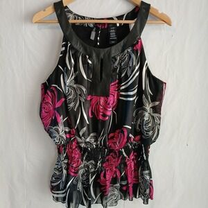 Bisou Bisou Sleeveless Top Size XL With Keyhole Top Elastic Waist Floral Pattern
